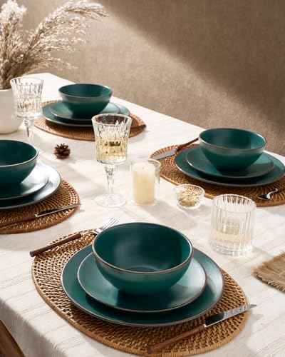 Venus Ceramic Plates and Bowls Sets (Dark Green / Serves 6 (18pc))