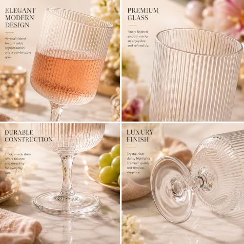 Textured Clear Glass Ribbed Modern Elegant Wine Goblets for Red White Rosé Beverages