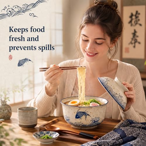 25oz Ramen Bowls Set of 4 Japanese Dinnerware Set with Lid (Fish)