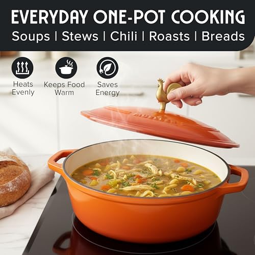 5.5 Quart Enameled Cast Iron Oval Dutch Oven w Rooster Knob & Cotton Potholders