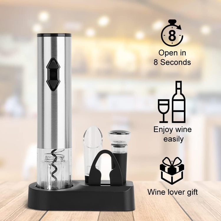 5-in-1 Electric Wine Opener Gift Set Stainless Steel Electric Wine Bottle Opener Battery Operated Corkscrew with Foil Cutter, Wine Pour, Wine Stopper and Storage Base, Silver