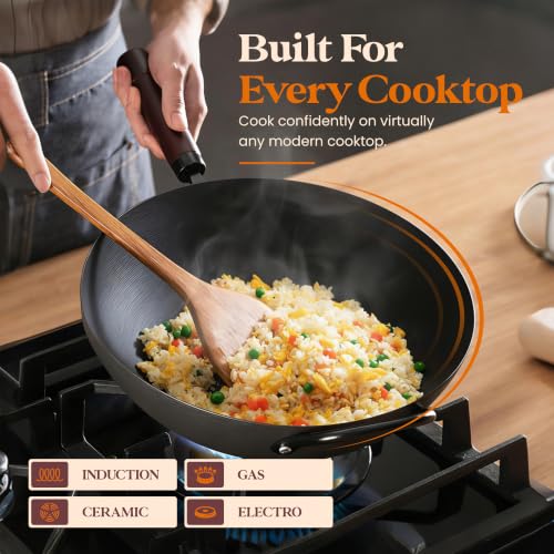 Carbon Steel Wok with Lid Ceramic Nonstick Flat Bottom Wok Pan Induction Compatible Stir Fry Wok Beech Wood Handle Glass Lid Healthy Cooking Wok for Gas Electric Ceramic Halogen Cooktops (12.6" (32cm))