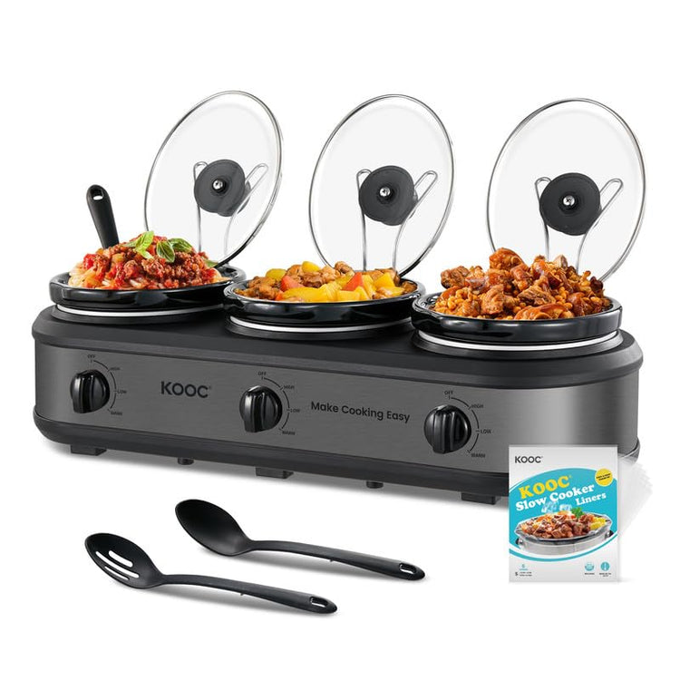 Triple Slow Cooker Buffet Server and Food Warmer 3x1.5 Quart Individual Temp Control With Lid Rests & Spoons With Liners Included Grey