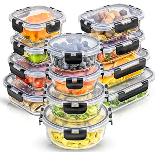 24pc Borosilicate Glass Storage Containers with Lids (Color Black)