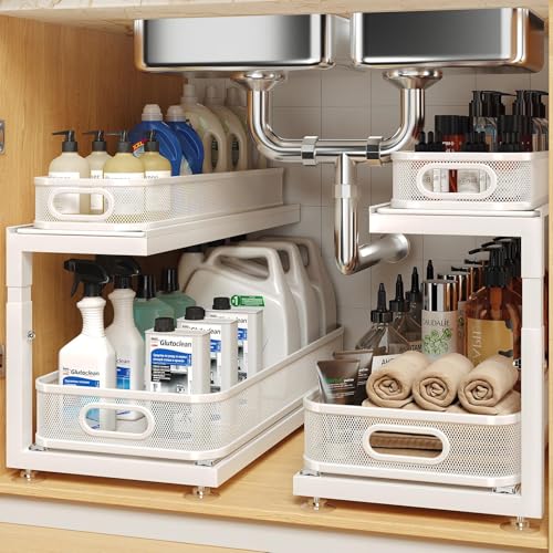 2 Pack 21.3 IN Depth Under Sink Organizer With Next (White / 2 Pack-21.3"Dx11.8"-16.5"H)