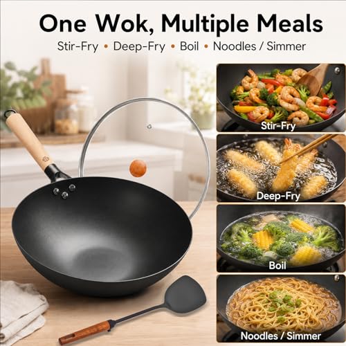 12.6 Inch Carbon Steel Wok Pan with Glass Lid and Spatula (12.59 Inch Flat Bottom)