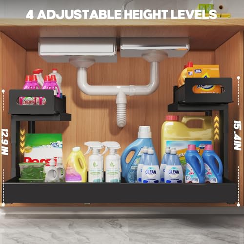1 Pack-16"-26"W Expandable Under Sink Organizer With Upgrade Ball-Bearing Slide,2-Tier Pull Out Under Cabinet Organizer Height Adjustable,Not Suitable For Cabinets With Partitions In The Middle (1 Pack-16"-26"W / Black)