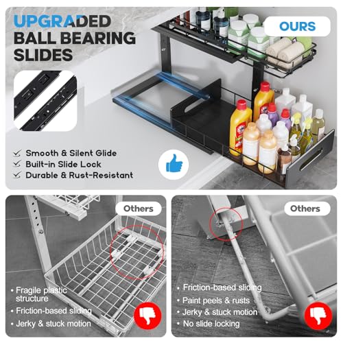 Under Sink Organizer Upgrade To Professional Rails (Black / 2 Pack-18.5"Dx12.8"-16.9"H)