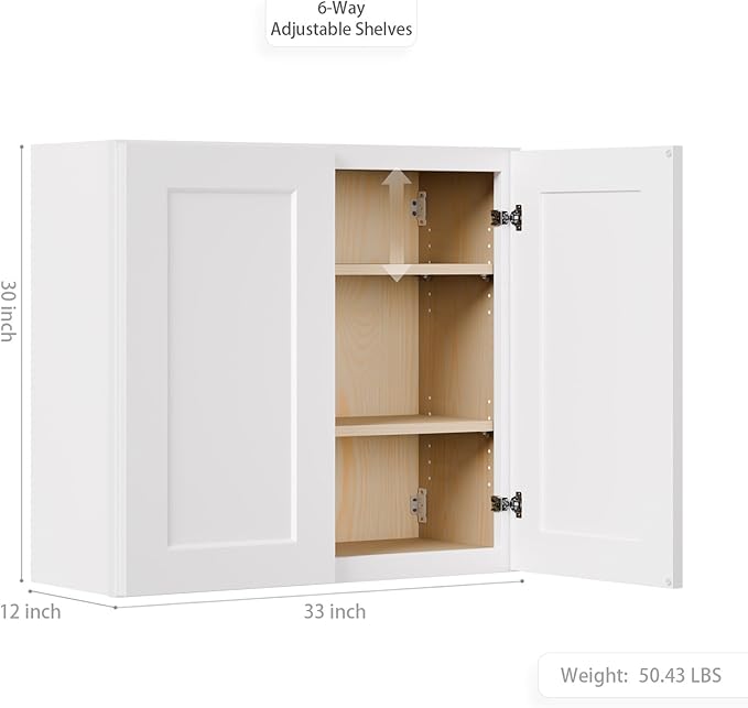 33 Inch Laundry Room Cabinets Wall Mounted, Solid Wood Over The Toilet Storage Cabinet, Bathroom Organizer Cabinets with 2 Shaker Door & Shelves, Easy to Assemble for Kitchen, Garage - White