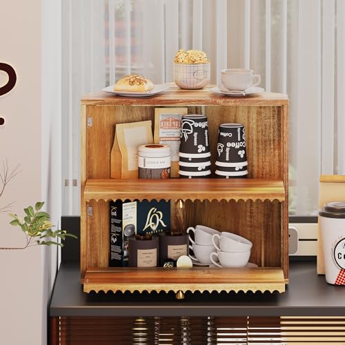 Acacia Corner Bread Box for Kitchen Countertop Wood Two Layer Large Capacity Bread Storage Bin Vintage Storage for Homemade Bread (Acacia Wood)