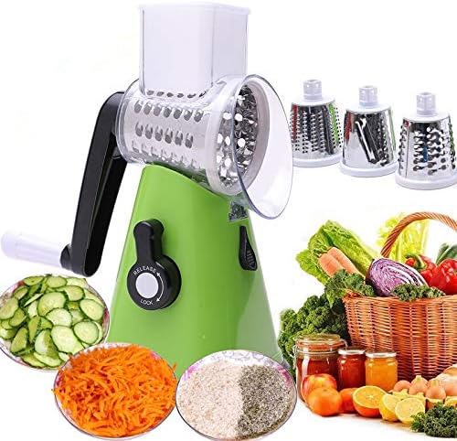 Manual Rotary Potato Grater Kitchen Mandoline Vegetable Slicer,with 3 Interchangeable Blades,Easy to use (Green)