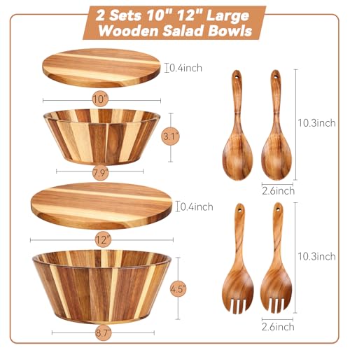 2 Sets 10" 12" Large Wooden Salad Bowls Set Acacia Wooden Mixing Serving Bowls Decorative with Serving Utensils and Cover for Fruits Salad Pasta Kitchen Party