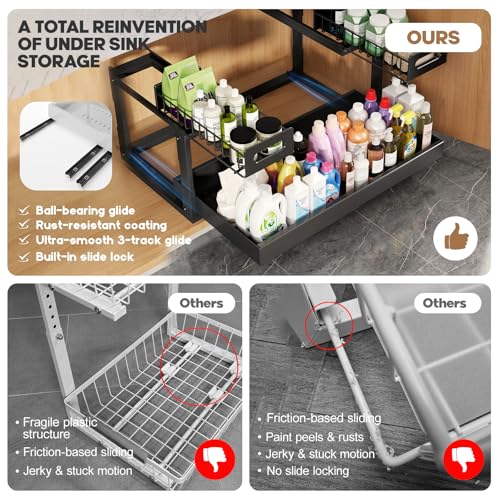 1 Pack-16"-26"W Expandable Under Sink Organizer With Upgrade Ball-Bearing Slide,2-Tier Pull Out Under Cabinet Organizer Height Adjustable,Not Suitable For Cabinets With Partitions In The Middle (1 Pack-16"-26"W / Black)