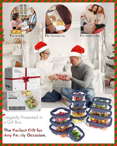 12 Pack Glass Containers with Tempered Lids (Tempered Lids Blue / 12 mixed sizes)