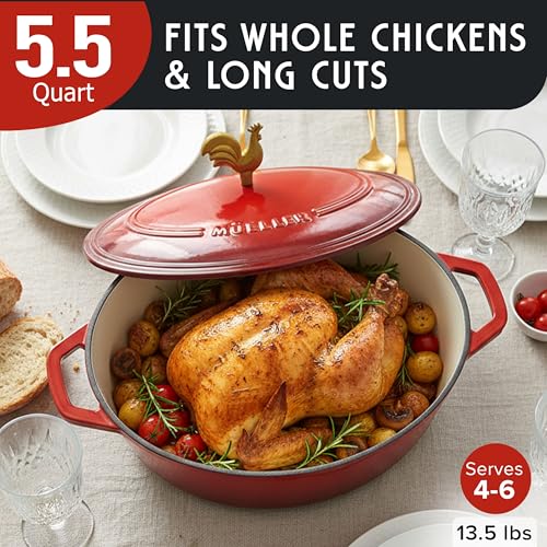 5.5 Quart Enameled Cast Iron Oval Dutch Oven w Rooster Knob & Cotton Potholders