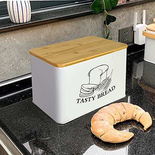 Bread Box for Kitchen Countertop White Metal Bread Box with Bamboo Board Cover Pastry Storage Container Set Kitchen decor (US-Bamboo White Box)