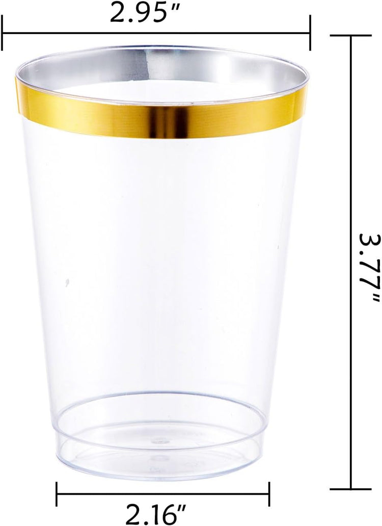 I00000 100PCS Gold Plastic Cups,10 oz Clear Plastic Cups with Gold Trim, Gold Plastic Beer Mugs,Disposable Hard Plastic Cups For Party, Premium Gold Rimmed Plastic Cups Perfect for Wedding & Party