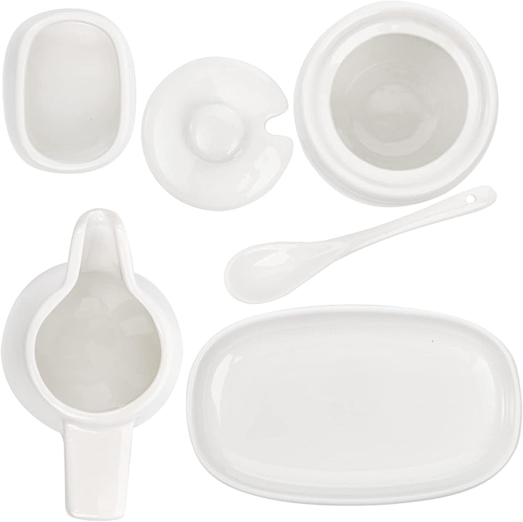 ZENFUN Set of 4 Porcelain Creamer and Sugar Set with Saucer, Sugar Bowl with Lid and Spoon, Cream Pitcher, Sweetener Holder, Coffee Serving Set for Kitchen Home Cafe Party, Restaurant, White