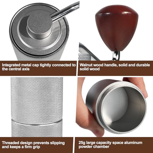 Manual Coffee Grinder Gift Box Detachable Stainless Steel Conical Burr Aluminum Coffee Bean Grinder with 25 Grinding Settings Cleaning Brush Grindable Espresso Moka Pot for Camping Silver (Detachable / Silver)