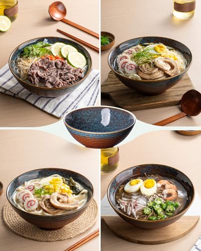 Large Japanese Ramen Bowl Set of 4 (Peacock Tail-4 Bowl Set)