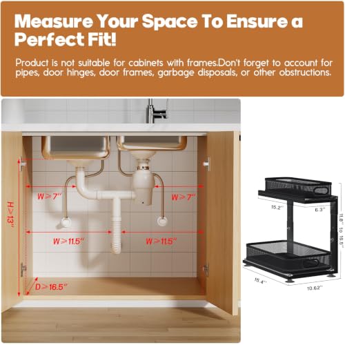 1 Pack 16"D Under Sink Storage Organizer with 2 (Black / 1 Pack-15.4"Dx11.8"-16.7"H)