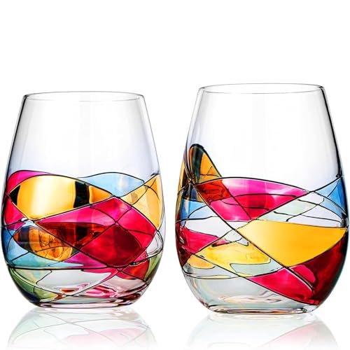 Artisanal Hand Painted Stemless Wine Glasses (2 Count)