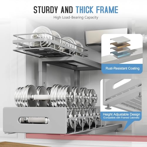 Under Sink Organizer Upgrade To Professional Rails (Gun Gray / 2 Pack-16.7"Dx12.8"-16.9"H)