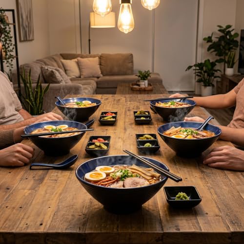 Unbreakable Melamine Ramen Bowl Set (4 piece set) (Blue-Black / Set-4)