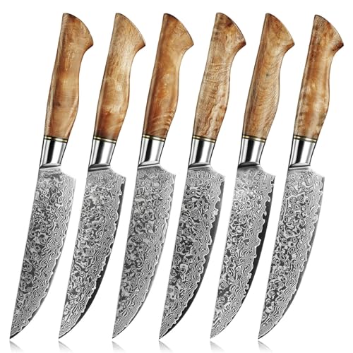 SENKEN 6 Piece Damascus Steel Steak Knife Set (6 Count)
