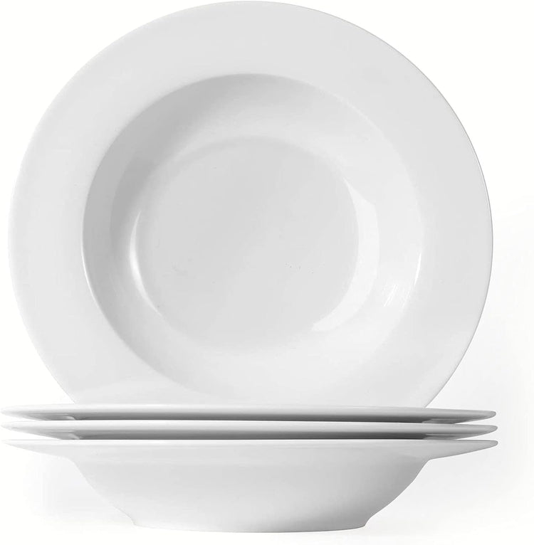 Artena 8 Ounces Pasta Bowls Set of 4, 8.5 inch Soup Bowls, Advanced Porcelain Salad Bowl, Wide Rim Pasta Plates, Shallow Bowls for Kitchen, Rimmed White Plates and Bowls Set, Microwave Oven Safe