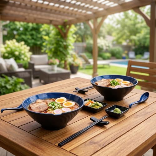 Unbreakable Melamine Ramen Bowl Set (4 piece set) (Blue-Black / Set-4)