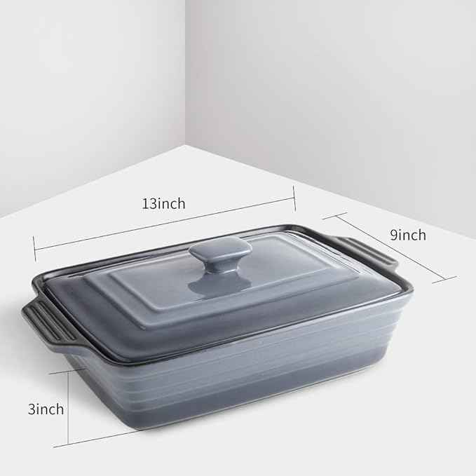 KOOV Ceramic Casserole Dish With Lid, Covered Rectangular Set, Lasagna Pan for Cooking, Baking Dish for Dinner, Kitchen, 9 x 13 Inches, Reactive Glaze (Gradient Grey)
