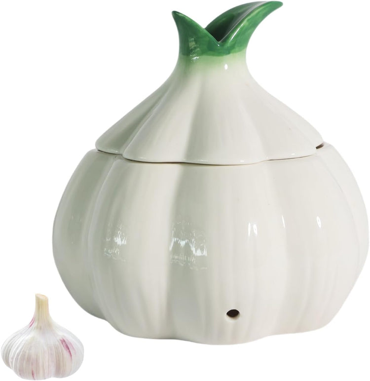 TOIVO Garlic Keeper for Counter,with Lid and Holes GarlicSaver,Garlic Holder Storage Container toKeep (white)
