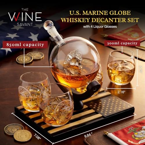 U.S. Marine Globe Whiskey Decanter Set with 4 Liquor Glasses