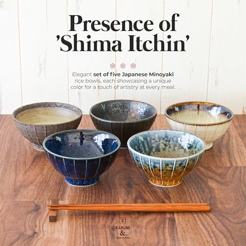 Set of 5 Japanese Ceramic Striped Ichichin Rice Bowls (White)