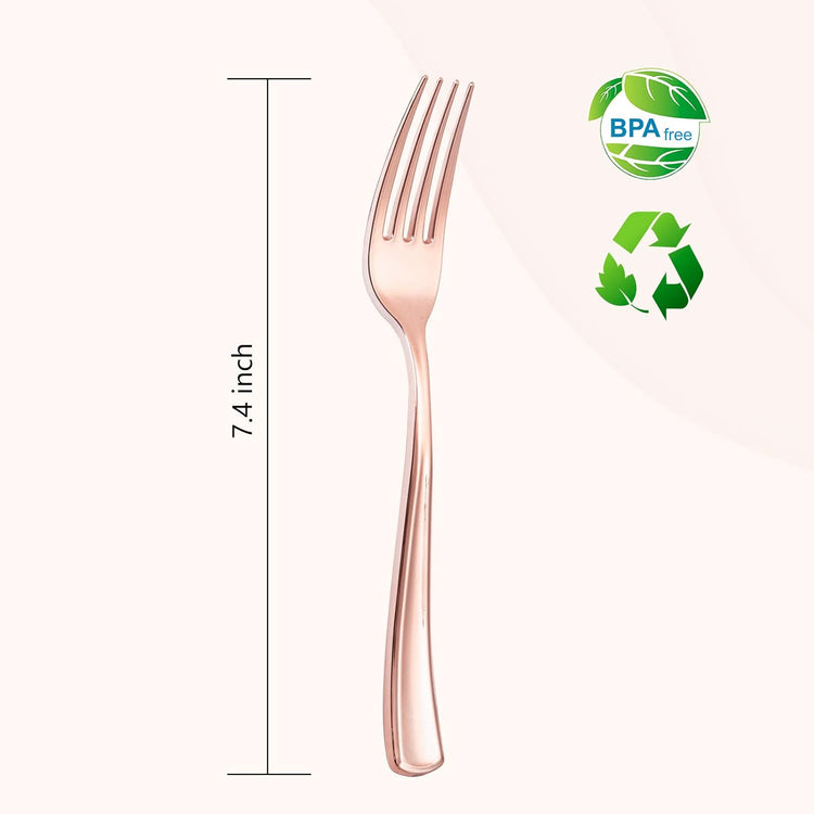 Liacere 200 Pack Rose Gold Disposable Forks - 7.4 Inch Heavy Duty Plastic - Rose Gold Silverware for Catering, Parties, Dinners, Weddings & Mother's Day