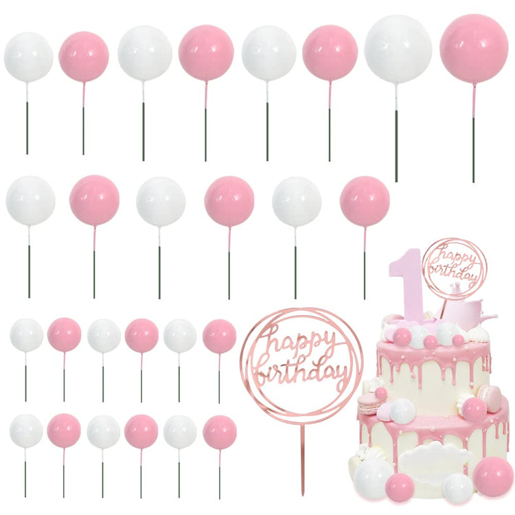 27 PCS Pink and White Ball Cake Topper Mini Balloons Cake Toppers Foam Ball Cupcake Toppers Happy Birthday Cake Insert Pick DIY for Anniversary Wedding Cake Decorations Baby Shower Party (27 Count)