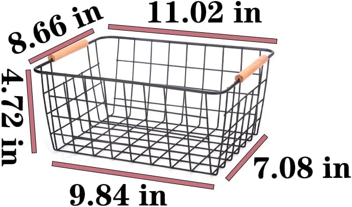 LeleCAT Wire Baskets with Wooden Handles Wire Storage Organizer Bin Baskets, Pantry, Closets, Bedrooms - Set of 2(Black)