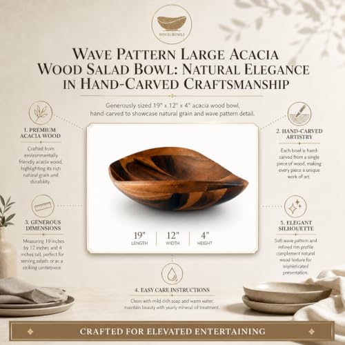 Wave Pattern Large Acacia Wood Salad Bowl (4" Tall x 12" Wide x 19" Long)