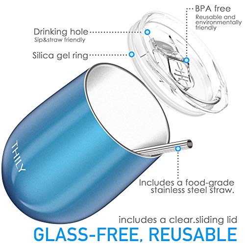 Stainless Steel Stemless Wine Glasses 4 Pack Triple Vacuum Insulated Cute Wine Tumbler Set Travel Cups with Lid (4 Pack - Sparkle Blue / 4 Count (Pack of 1))
