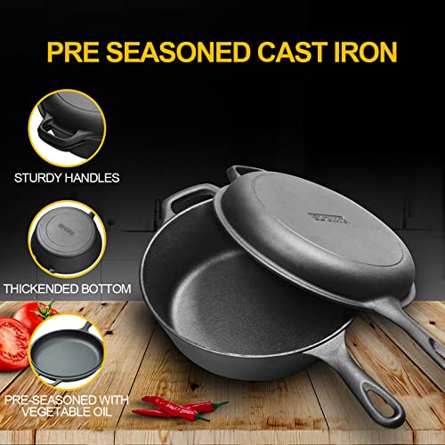 2-in-1 Pre-Seasoned Cast Iron Dutch Oven Pot with Skillet Lid Set, 10" Skillet 3QT Pot for Cooking, Baking, Frying and Camping (3QT)