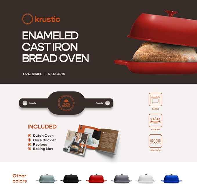 Enameled Cast Iron Dutch Oven for Professional Sourdough Bread Baking | 5.5 Quart Loaf Size Oval Cookware Pot with Lid | Triple-Layer Enamel Coating Pan with Non Stick Silicone Mat |Red