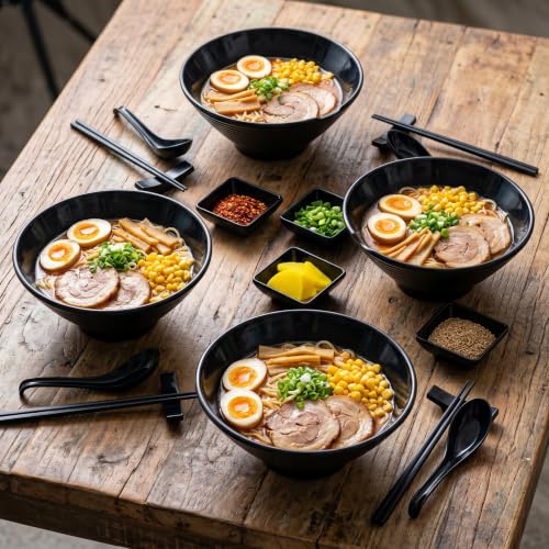 Unbreakable Melamine Ramen Bowl Set (4 piece set) (Black / Set-4)