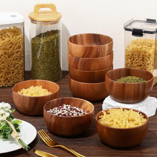 12 Pcs 5in Acacia Wooden Bowls Small Calabash Bowls Round Wood Salad Hand Carved Calabash Dip Tray for Serving Popcorn Pasta Candy Cereal Coconut Nuts Sauce Appetizers Kitchen