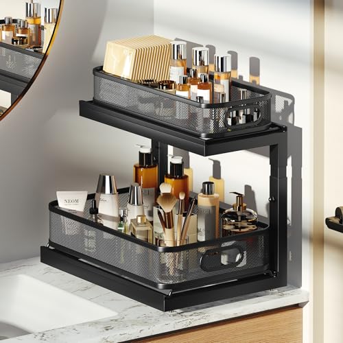 2 Pack Under Sink Storage Organizer with 2 (Black / 2 Pack-15.4"Dx11.8"-16.5"H)