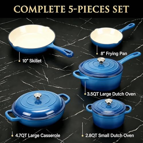 5 Piece Cobalt Blue Enameled Cast Iron Cookware Set