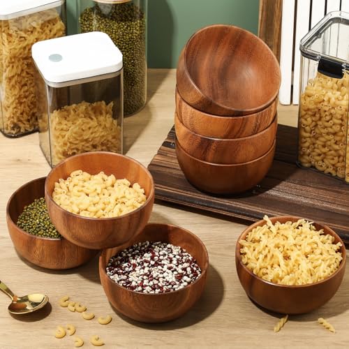 12 Pcs 5in Acacia Wooden Bowls Small Calabash Bowls Round Wood Salad Hand Carved Calabash Dip Tray for Serving Popcorn Pasta Candy Cereal Coconut Nuts Sauce Appetizers Kitchen