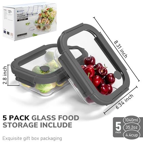 5 Pack Borosilicate Glass Containers with Tempered Glass Lids (Tempered Lids Gray / 4.4 Cup*5)