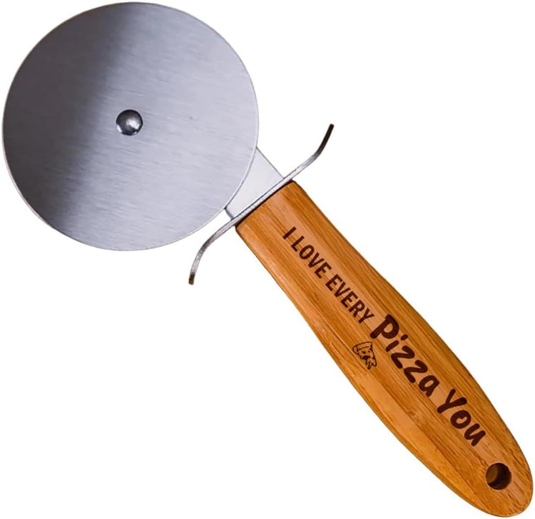 Pizza Cutter Wheel with Sharp Blade - Gifts for Men, Women, Gift for Husband, Birthday & Christmas Gift - Wooden Pizza Wheel Cutter (I Love Every Pizza You)