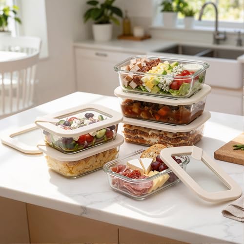 Glass Food Storage Containers with Glass Lids (Ivory White - 6RT)